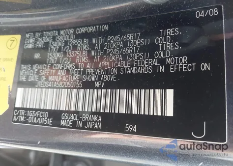 2008 Toyota Highlander z USA, uszkodzony, nr VIN JTEDS41A582050155